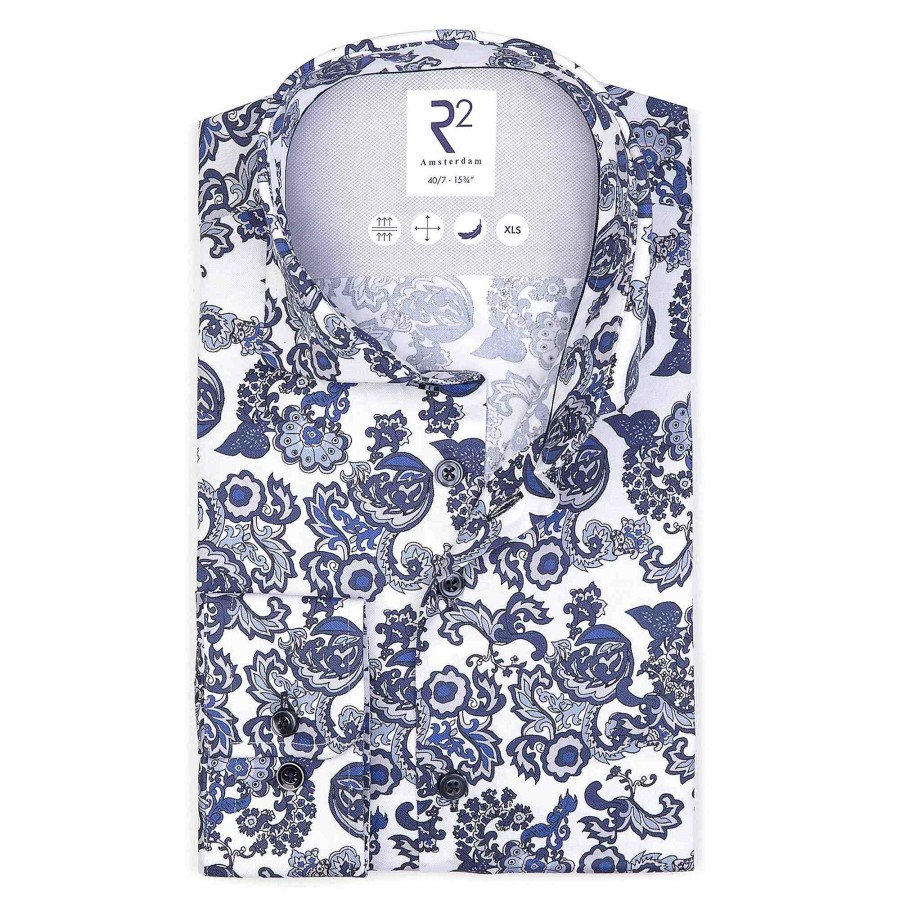 Overhemden R2 Amsterdam  | Extra lange mouwen. Blauw 2-laags katoenen overhemd met paisleyprint