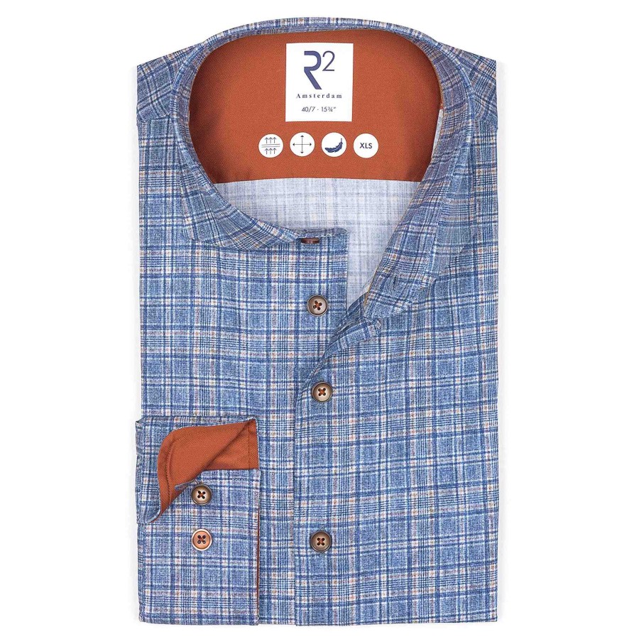 Overhemden R2 Amsterdam  | Extra lange mouwen. Geruit stretchshirt